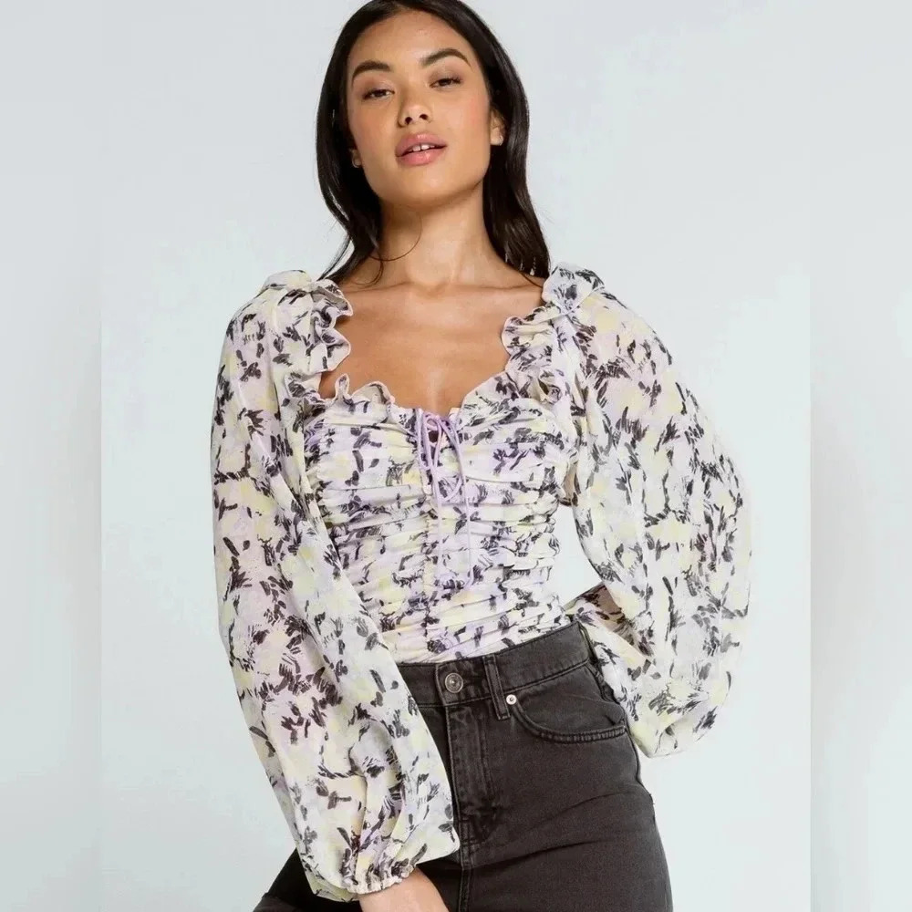 Free People Mabel Printed Blouse in Lilac Combo - Size XS